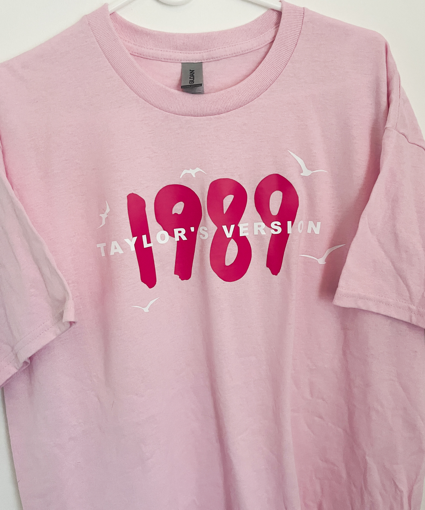 1989, vinyl printed tee, rose garden pink, crystal skies blue, aquamarine green