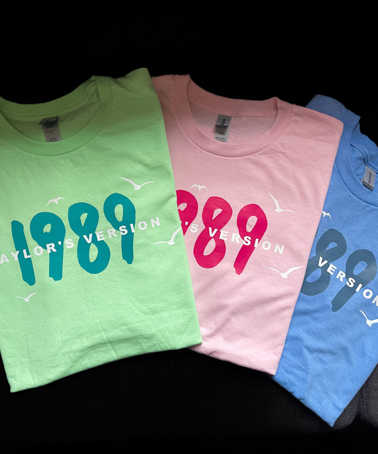 1989, vinyl printed tee, rose garden pink, crystal skies blue, aquamarine green