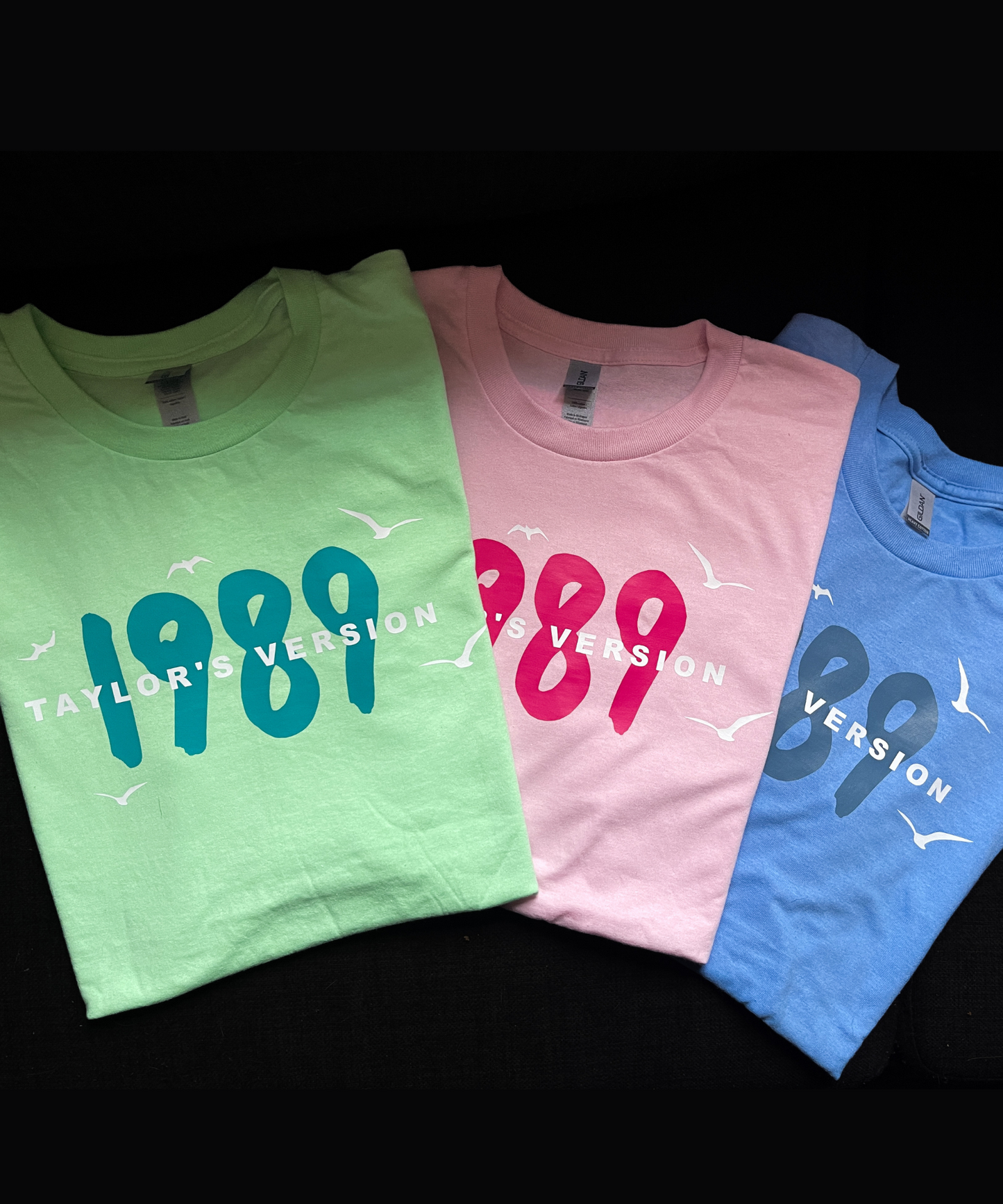 1989, vinyl printed tee, rose garden pink, crystal skies blue, aquamarine green