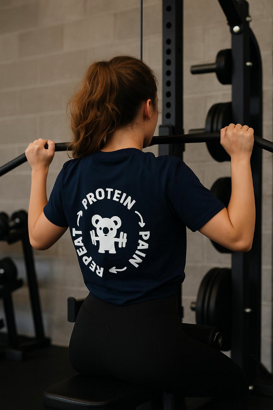 Protein, Panic, Repeat. – Oversized Gym Tee (Unisex)