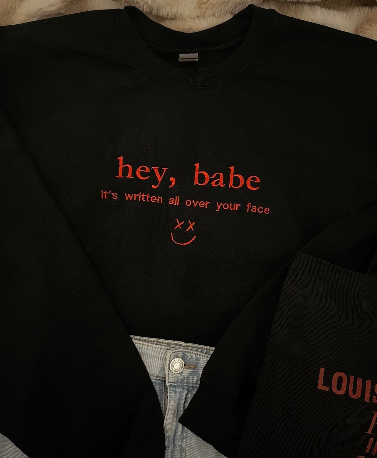 HEY BABE it’s written all over your face , Louis Tomlinson , Embroidered , Crewneck , Sweatshirt